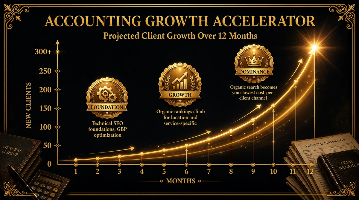 Accounting firm growth chart showing new client acquisition over 12 months of digital marketing