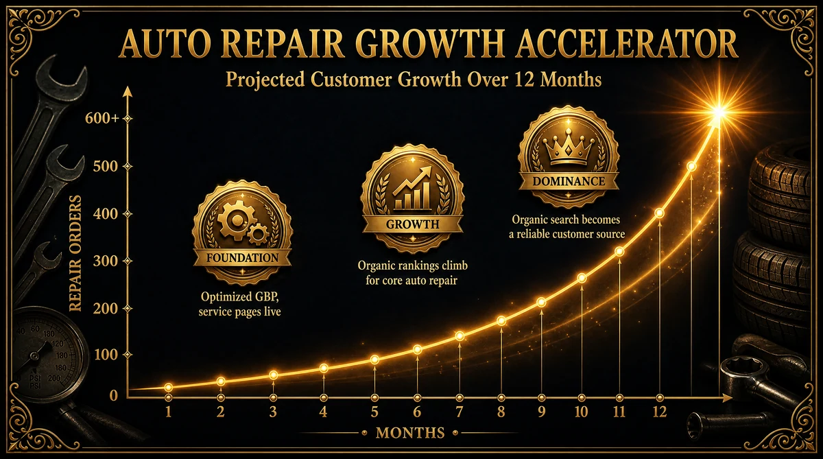 Auto repair shop growth chart showing customer acquisition over 12 months of digital marketing