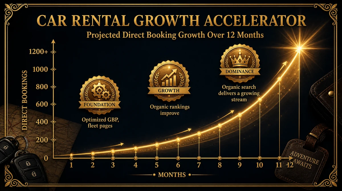 Car rental business growth chart showing direct booking acquisition over 12 months