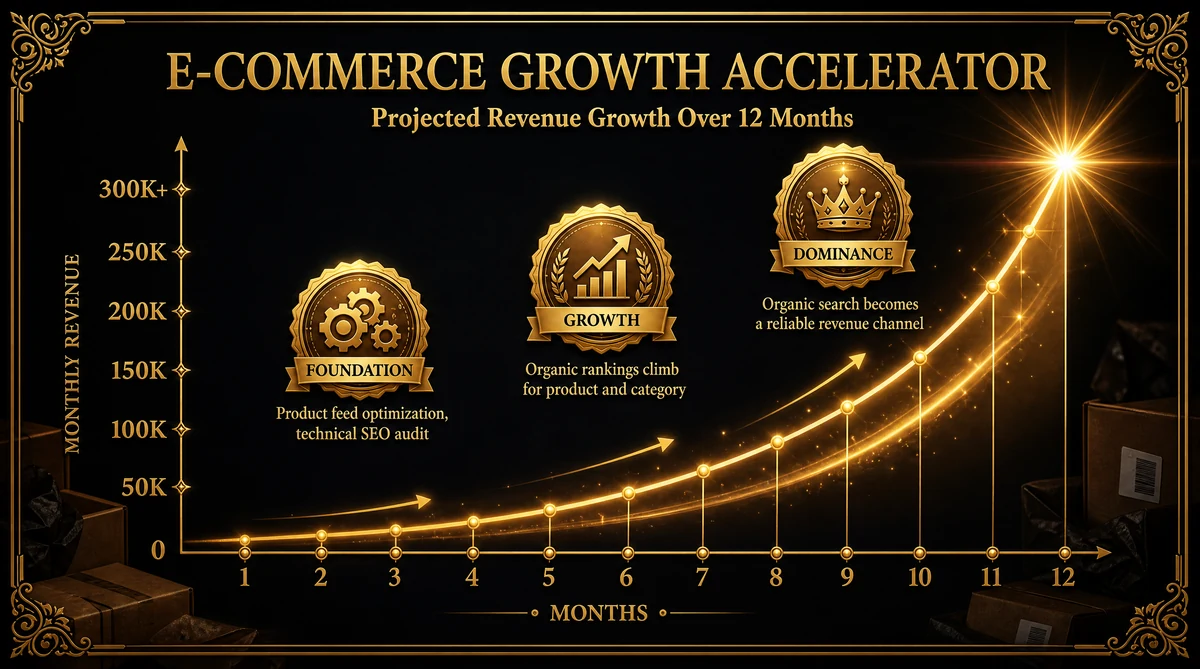 E-commerce revenue growth chart showing sales increase over 12 months of digital marketing