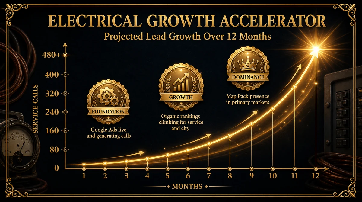 Electrician lead growth chart showing monthly leads increasing over 12 months of digital marketing