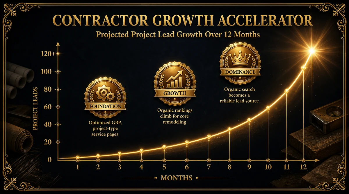 General contractor project lead growth chart showing lead acquisition over 12 months of digital marketing