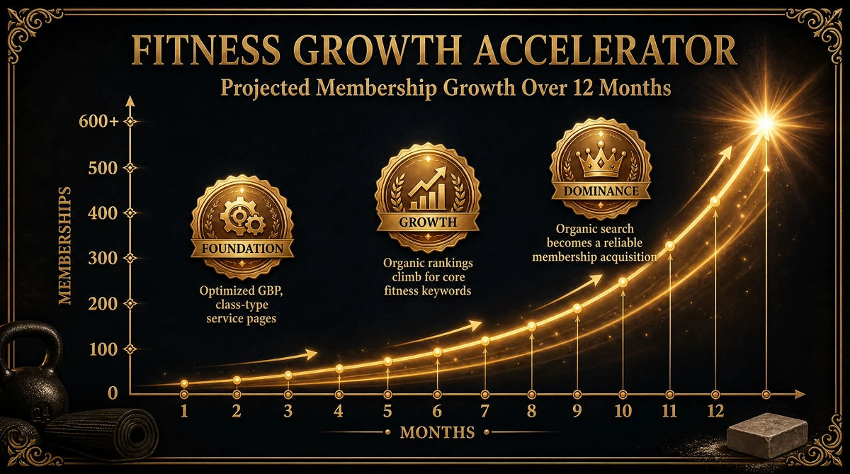 Gym membership growth chart showing new member acquisition over 12 months of digital marketing