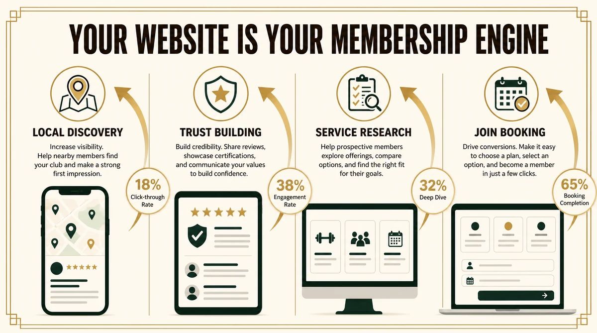 Gym website conversion path from landing page to trial booking to membership
