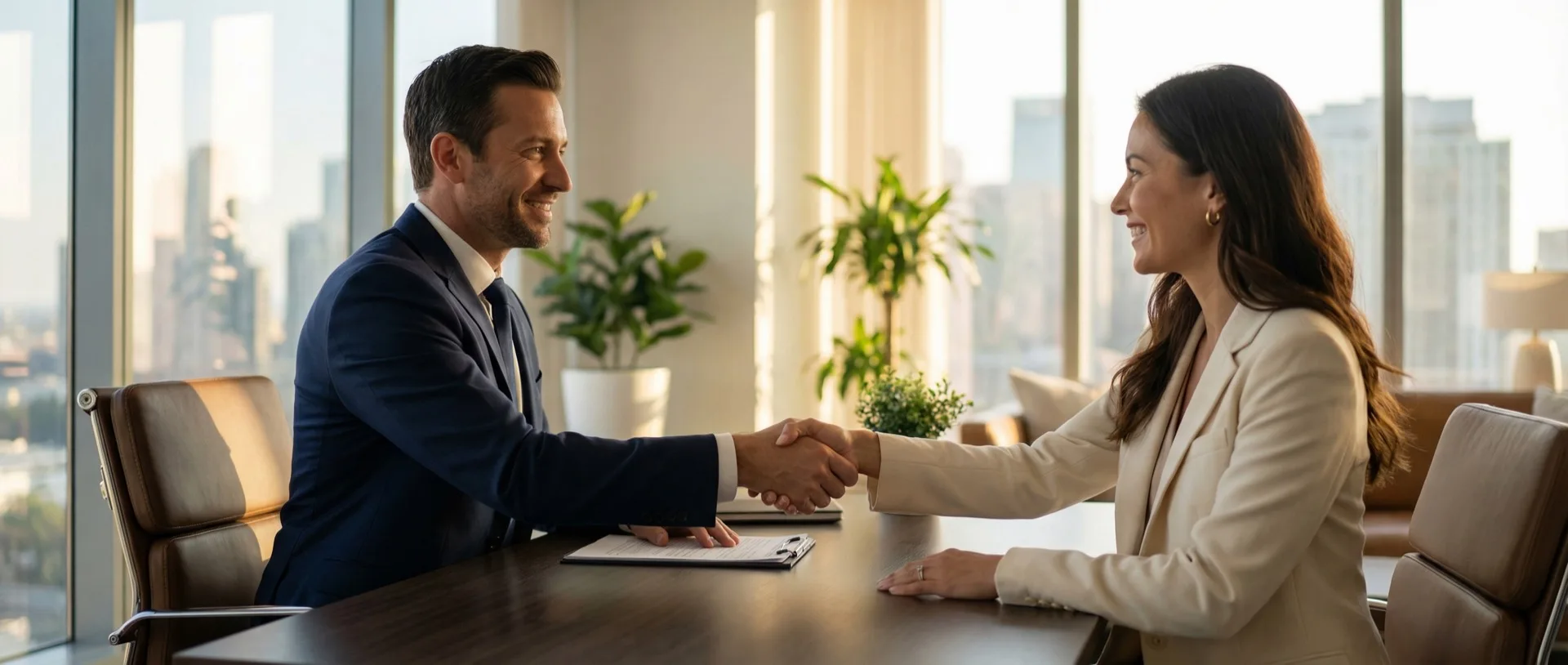 Insurance agent meeting with a client in a professional office