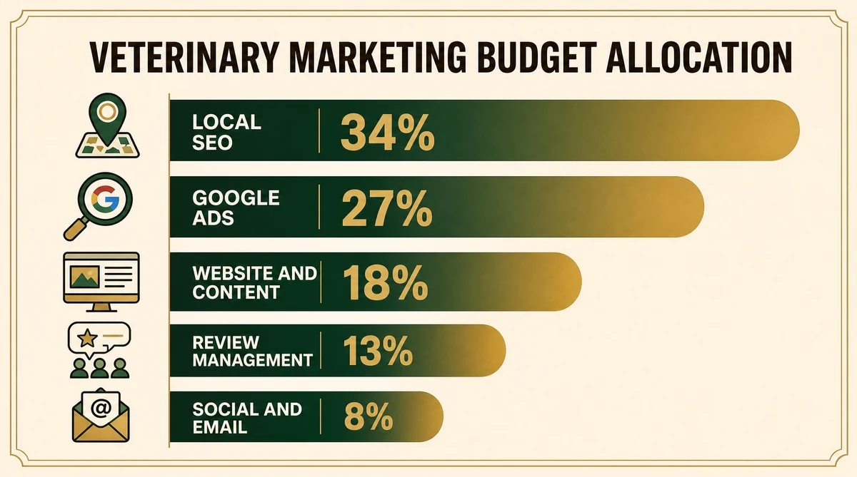 Veterinary Google Ads budget allocation breakdown by campaign type