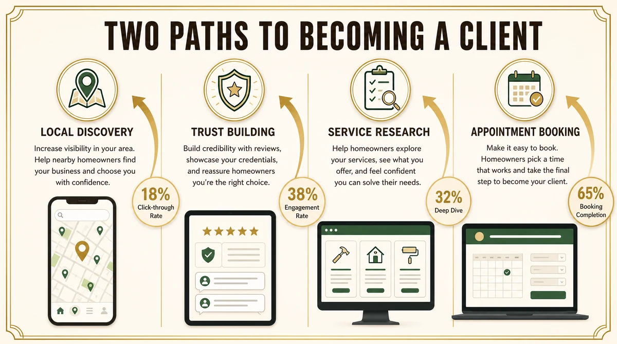 Two visitor journeys on a veterinary website - emergency vs routine paths to becoming a new client