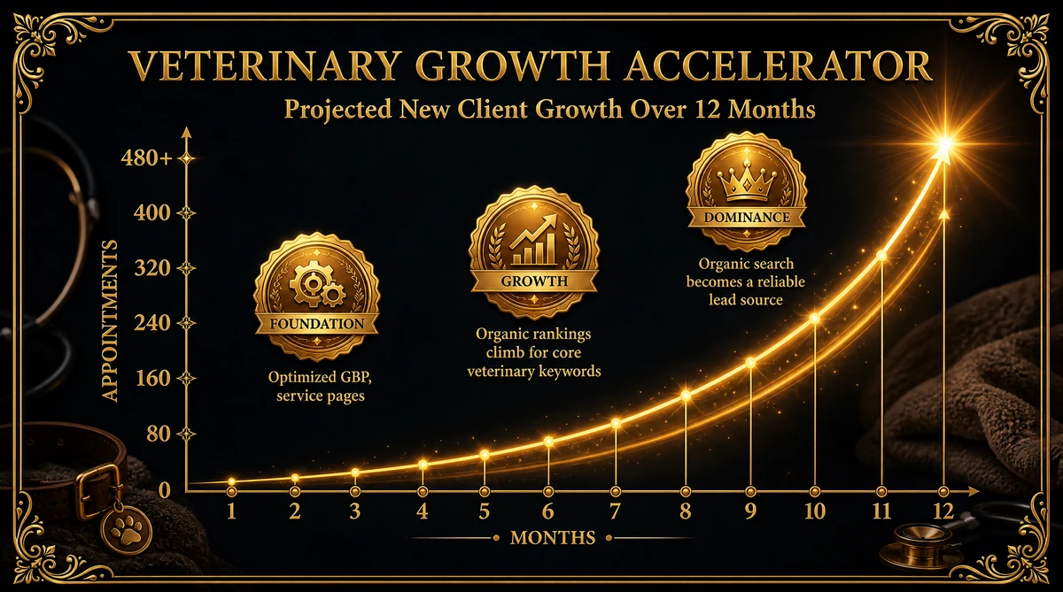 Veterinary practice growth chart showing new client acquisition over 12 months of digital marketing